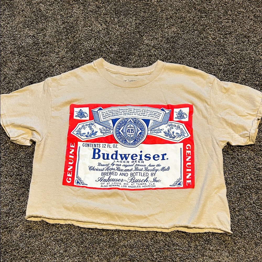 Budweiser Beige Crop Top with Red Graphic